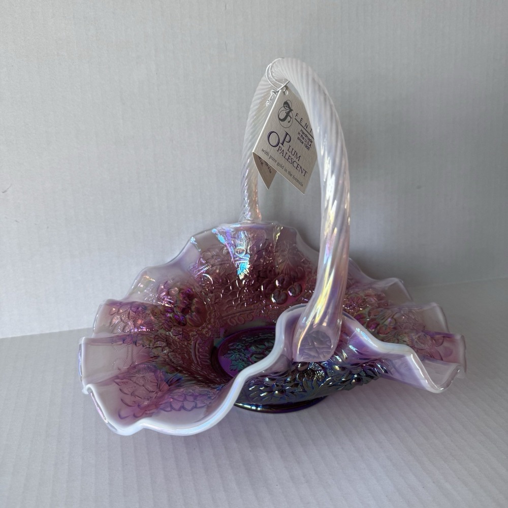 Fenton Glass Basket Cranberry Purple Plum Opalescent Carnival Pink Floral Candy